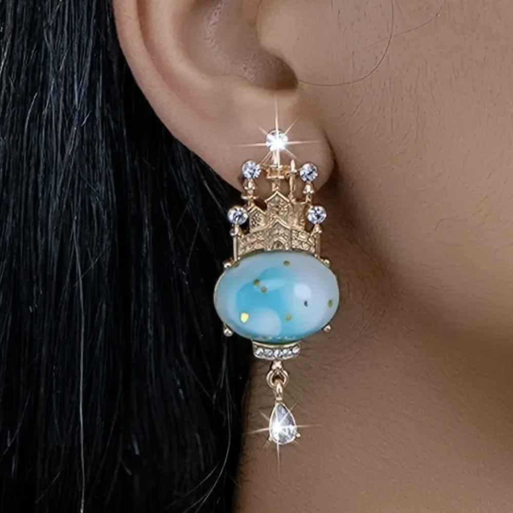 Gold and Blue Enchanted Castle Earrings - Picture 3 of 4